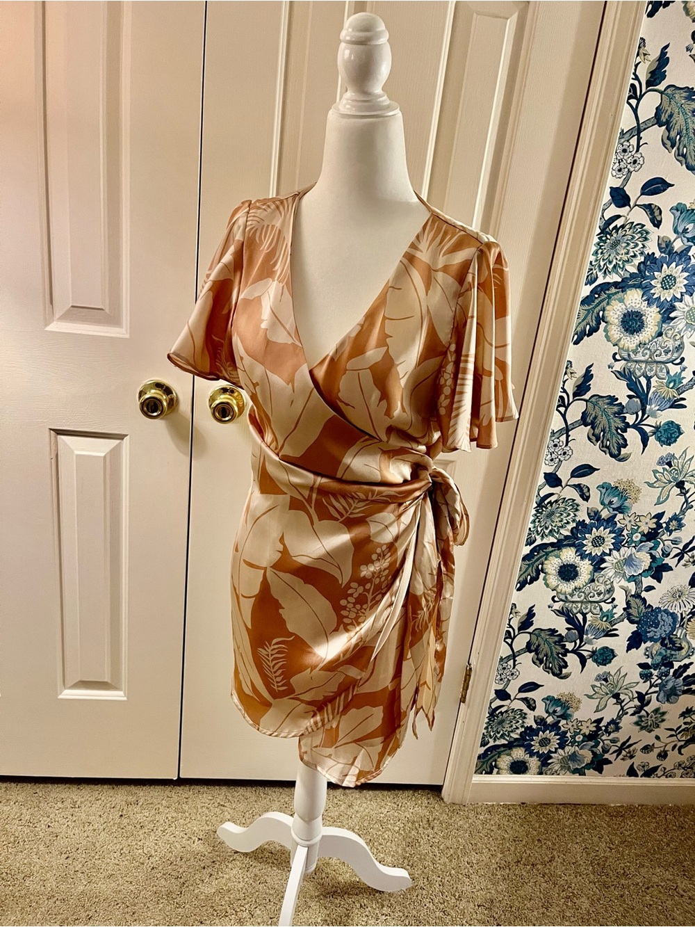 Dress Forum Satin Wrap Dress in Copper and Cream Botanical Print